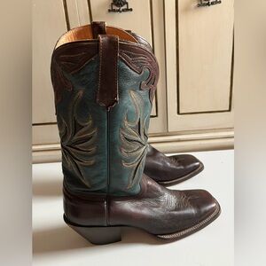 Men’s All Leather Stetson turquoise green brown square toe heel cowboy boots 11